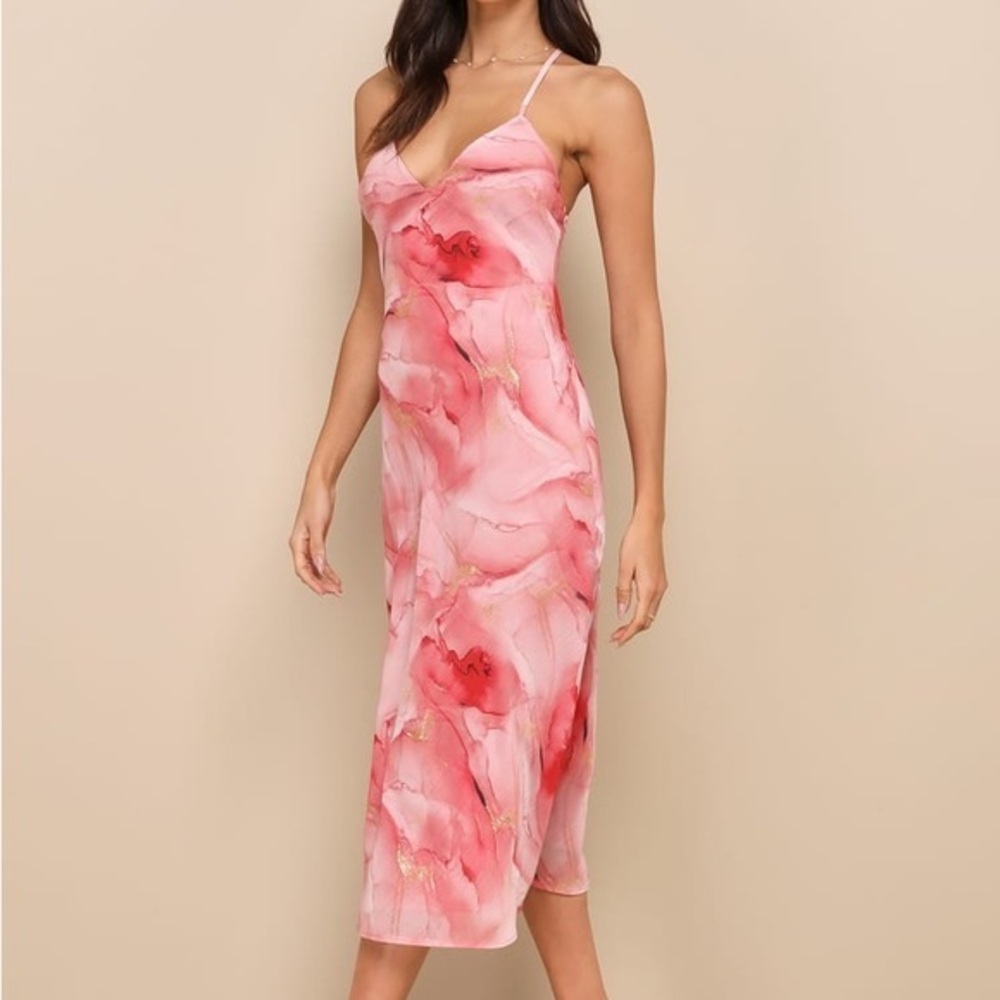 NEW Bright Charm Pink Abstract Print Chiffon Slip Midi Dress SZ XS
